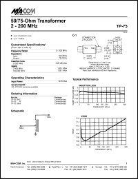 TP-75BNC datasheet: 2-200 MHz, 50/75-Ohm  transformer TP-75BNC