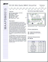 MAAPSM0015 datasheet: DC-20 GHz, GaAs MMIC amplifier MAAPSM0015