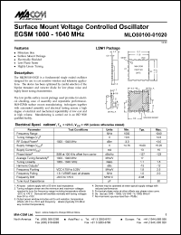 MLO80100-01020 datasheet: 1000-1040 MHz, Surface mount voltage controlled oscillator EGSM MLO80100-01020