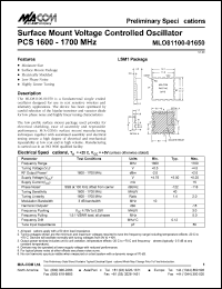 MLO81100-01650 datasheet: 1600-1700 MHz, Surface mount voltage controlled oscillator PCS MLO81100-01650
