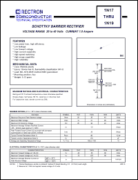 1N19 datasheet: Schottky barrier rectifier. Current 1.0A, VRRM = 40V, VRMS = 28V, VDC = 40V. 1N19