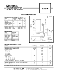 BAS16 datasheet: Surface mount diode. Reverse voltage VRRM = 75V. BAS16