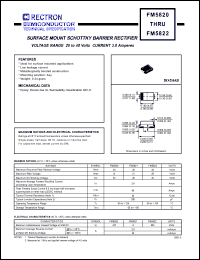 FM5822 datasheet: Surface mount schottky barrier rectifier. MaxVRRM = 40V, maxVRMS = 28V, maxVDC = 40V. Current 3.0A. FM5822