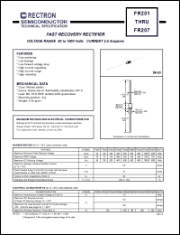 FR206 datasheet: Fast recovery rectifier. MaxVRRM = 800V, maxVRMS = 560V, maxVDC = 800V. Current 2.0A. FR206