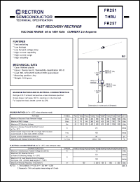 FR257 datasheet: Fast recovery rectifier. MaxVRRM = 1000V, maxVRMS = 700V, maxVDC = 1000V. Current 2.5A. FR257