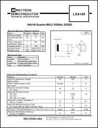 LS4148 datasheet: 1N4148 signal diode. Min breakdown voltage VB=100V @IR=100uA LS4148