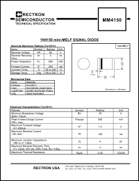 MM4150 datasheet: 1N4150 single diode. Min breakdown voltage BV=75V MM4150