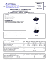 MP254 datasheet: Single-phase glass passivated silicon bridge rectifier. Max recurrent peak reverse voltage 400V, max RMS bridge input voltage 280V, max DC blocking voltage 400V. Max average forward output current 25.0A at Tc=55degC. MP254