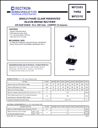 MP2510 datasheet: Single-phase glass passivated silicon bridge rectifier. Max recurrent peak reverse voltage 1000V, max RMS bridge input voltage 700V, max DC blocking voltage 1000V. Max average forward output current 25.0A at Tc=55degC. MP2510