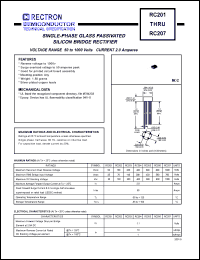 RC206 datasheet: Single-phase glass passivated silicon bridge rectifier. Max recurrent peak reverse voltage 800V, max RMS bridge input voltage 560V, max DC blocking voltage 800V. Max average forward rectified current 2.0A at Ta=25degC. RC206