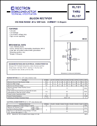 RL151 datasheet: Silicon rectifier. Max recurrent peak reverse voltage 50V, max RMS bridge input voltage 35V, max DC blocking voltage 50V. Max average forward rectified current 1.5A at Ta=75degC. RL151