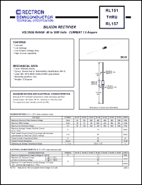 RL157 datasheet: Silicon rectifier. Max recurrent peak reverse voltage 1000V, max RMS bridge input voltage 700V, max DC blocking voltage 1000V. Max average forward rectified current 1.5A at Ta=75degC. RL157