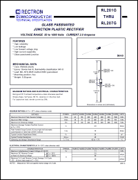 RL201G datasheet: Glass passivated junction plastic rectifier. Max recurrent peak reverse voltage 50V, max RMS voltage 35V, max DC blocking voltage 50V. Max average forward rectified current 2.0A at Ta=75degC. RL201G