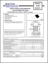 RS401L datasheet: Single-phase glass passivated silicon bridge rectifier. Max recurrent peak reverse voltage 50V, max RMS bridge input voltage 35V, max DC blocking voltage 50V. Max average forward output current 4.0A at Ta=75degC RS401L