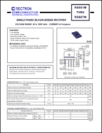 RS603M datasheet: Single-phase silicon bridge rectifier. Max recurrent peak reverse voltage 200V, max RMS bridge input voltage 140V, max DC blocking voltage 200V. Max average forward rectified output current 6.0A at Tc=100degC RS603M