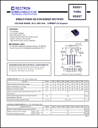 RS801 datasheet: Single-phase silicon bridge rectifier. Max recurrent peak reverse voltage 50V, max RMS bridge input voltage 35V, max DC blocking voltage 50V. Max average forward rectified output current 8.0A at Tc=75degC RS801