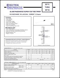 SF11 datasheet: Glass passivated super fast rectifier. Max recurrent peak reverse voltage 50V, max RMS voltage 35V, max DC blocking voltage 50V. Max average forward current 1.0A at Ta=55degC SF11