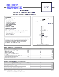 SF47 datasheet: Glass passivated super fast rectifier. Max recurrent peak reverse voltage 600V, max RMS voltage 420V, max DC blocking voltage 600V. Max average forward recftified current 4.0A at Ta=50degC SF47