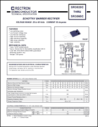SR3030C datasheet: Schottky barrier rectifier. Max recurrent peak reverse voltage 30V, max RMS voltage 21V, max DC blocking voltage 30V. Max average forward recftified current 30.0A at derating case temperature SR3030C