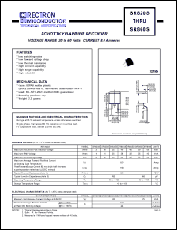 SR860S datasheet: Schottky barrier rectifier. Max recurrent peak reverse voltage 60V, max RMS voltage 42V, max DC blocking voltage 60V. Max average forward recftified current 8.0A at derating case temperature SR860S