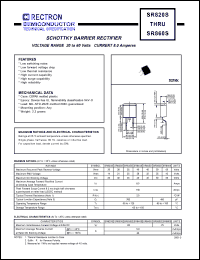 SR850S datasheet: Schottky barrier rectifier. Max recurrent peak reverse voltage 50V, max RMS voltage 35V, max DC blocking voltage 50V. Max average forward recftified current 8.0A at derating case temperature SR850S