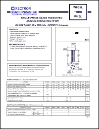 W01L datasheet: Single-phase glass passivated silicon bridge rectifier. Max recurrent peak reverse voltage 100V, max RMS bridge input voltage 70V, max DC blocking voltage 100V. Max average forward rectified output current 1.5A at Ta=50degC. W01L