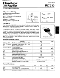 IRC530 datasheet: HEXFET power MOSFET. Continuous drain current 14A @ Tc=25degC, Vgs=10V. Drain-to-source breakdown voltage 100V. IRC530