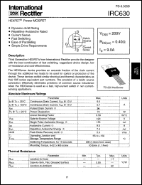 IRC630 datasheet: HEXFET power MOSFET. Continuous drain current 9.0A @ Tc=25degC, Vgs=10V. Drain-to-source breakdown voltage 200V. Drain-to-source on-resistance 0.40 Ohm IRC630
