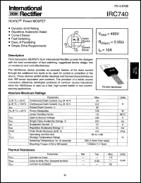 IRC740 datasheet: HEXFET power MOSFET. Continuous drain current 10A @ Tc=25degC, Vgs=10V. Drain-to-source breakdown voltage 400V. Drain-to-source on-resistance 0.55 Ohm IRC740