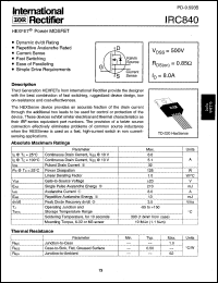 IRC840 datasheet: HEXFET power MOSFET. Continuous drain current 8.0A @ Tc=25degC, Vgs=10V. Drain-to-source breakdown voltage 500V. Drain-to-source on-resistance 0.85 Ohm IRC840