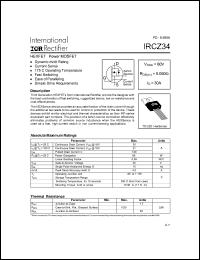 IRCZ34 datasheet: HEXFET power MOSFET. VDSS = 60V, RDS(on) = 0.050 Ohm, ID = 30A. IRCZ34