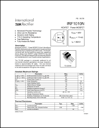 IRF1010N datasheet: HEXFET power MOSFET. VDSS = 55V, RDS(on) = 11 mOhm, ID = 85A. IRF1010N