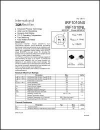 IRF1010NS datasheet: HEXFET power MOSFET. VDSS = 55V, RDS(on) = 11 mOhm, ID = 85A. IRF1010NS