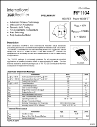 IRF1104 datasheet: HEXFET power MOSFET. VDSS = 40V, RDS(on) = 0.009 Ohm, ID = 100A. IRF1104