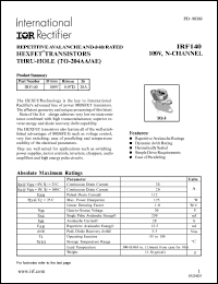 IRF140 datasheet: Repetitive avalanche and dv/dt rated HEXFET transistor thru-hole. BVDSS = 100V, RDS(on) = 0.077 Ohm, ID = 28A. IRF140