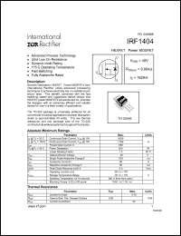 IRF1404 datasheet: HEXFET power MOSFET. VDSS = 40V, RDS(on) = 0.004 Ohm, ID = 162A. IRF1404