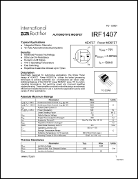 IRF1407 datasheet: HEXFET power MOSFET. VDSS = 75V, RDS(on) = 0.0078 Ohm, ID = 130A. IRF1407