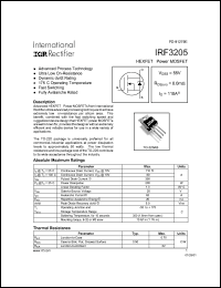 IRF3205 datasheet: HEXFET power MOSFET. VDSS = 55V, RDS(on) = 8.0 mOhm, ID = 110A IRF3205