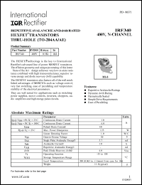 IRF340 datasheet: HEXFET transistor thru-hole. VDSS = 400V, RDS(on) = 0.55 Ohm, ID = 10A IRF340