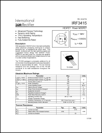 IRF3415 datasheet: HEXFET power MOSFET. VDSS = 150V, RDS(on) = 0.042 Ohm, ID = 43A IRF3415