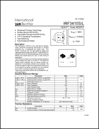 IRF3415S datasheet: HEXFET power MOSFET. VDSS = 150V, RDS(on) = 0.042 Ohm, ID = 43A IRF3415S