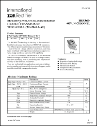 IRF360 datasheet: HEXFET transistor thru-hole. VDSS = 400V, RDS(on) = 0.20 Ohm, ID = 25A IRF360