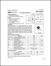 IRF3808 datasheet: HEXFET power MOSFET. VDSS = 75V, RDS(on) = 0.007 Ohm, ID = 140A IRF3808