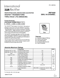 IRF440 datasheet: HEXFET transistor thru-hole MOSFET. BVDSS = 500V, RDS(on) = 0.85 Ohm, ID = 8.0A IRF440