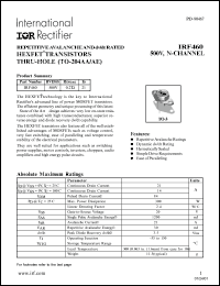 IRF460 datasheet: HEXFET transistor thru-hole MOSFET. BVDSS = 500V, RDS(on) = 0.27 Ohm, ID = 21A IRF460