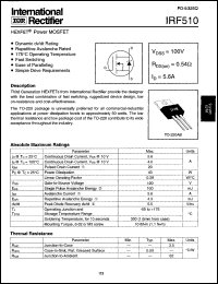 IRF510 datasheet: HEXFET power MOSFET. VDSS = 100V, RDS(on) = 0.54 Ohm, ID = 5.6A IRF510