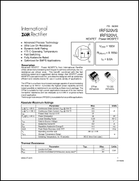 IRF520VS datasheet: HEXFET power MOSFET. VDSS = 100V, RDS(on) = 0.165 Ohm, ID = 9.6A IRF520VS