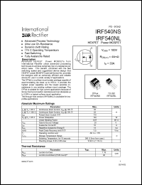 IRF540NS datasheet: HEXFET power MOSFET. VDSS = 100V, RDS(on) = 44 mOhm, ID = 33A IRF540NS