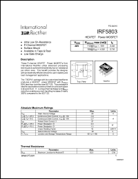 IRF5803 datasheet: HEXFET power MOSFET. VDSS = -40V, RDS(on) = 112 mOhm, ID = -3.4A @ VGS = -10V, RDS(on) = 190 mOhm , ID = -2.7A @ VGS = -4.5V IRF5803