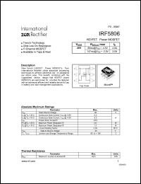 IRF5806 datasheet: HEXFET power MOSFET.  VDSS = -20V, RDS(on) = 86 mOhm, ID = -4.0A @ VGS = -4.5V, RDS(on) = 147 mOhm, ID = -3.0A @ VGS = -2.5V IRF5806